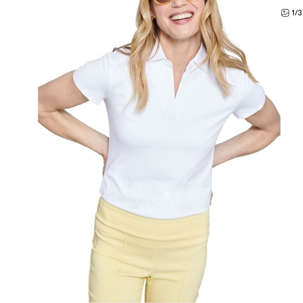 J. McLaughlin Short Sleeve V-neck Polo Top Greens Top White Size XL